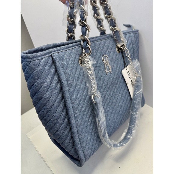 Steve Madden Bkattt-H Quilted Large Chain Tote Bag With Pouch Denim Blue - Picture 15 of 16
